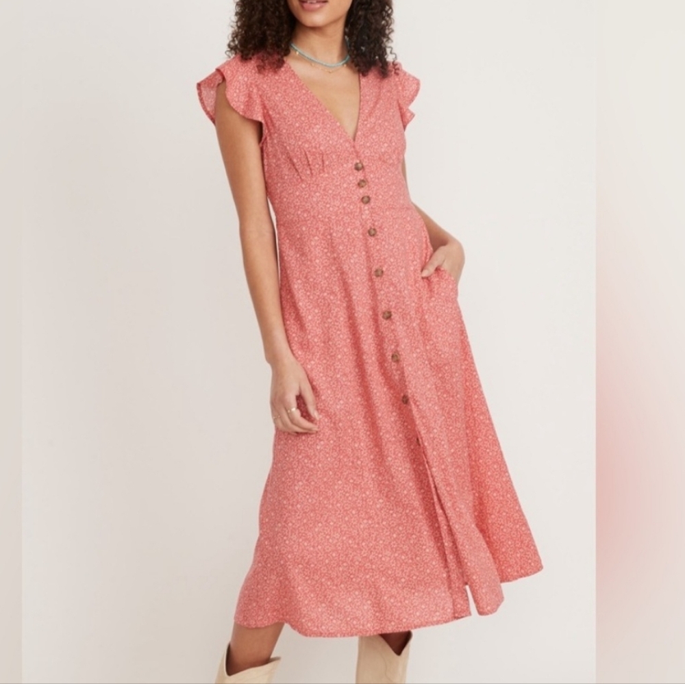 MARINE LAYER Camila Floral Button-Up Midi Dress Pink Bohemian